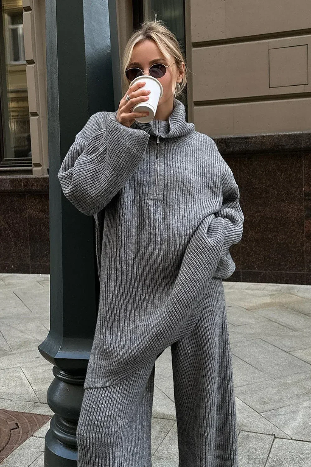Half-Zip Knit Collared Long Sleeve Wide Leg Two Piece Set - Image 7