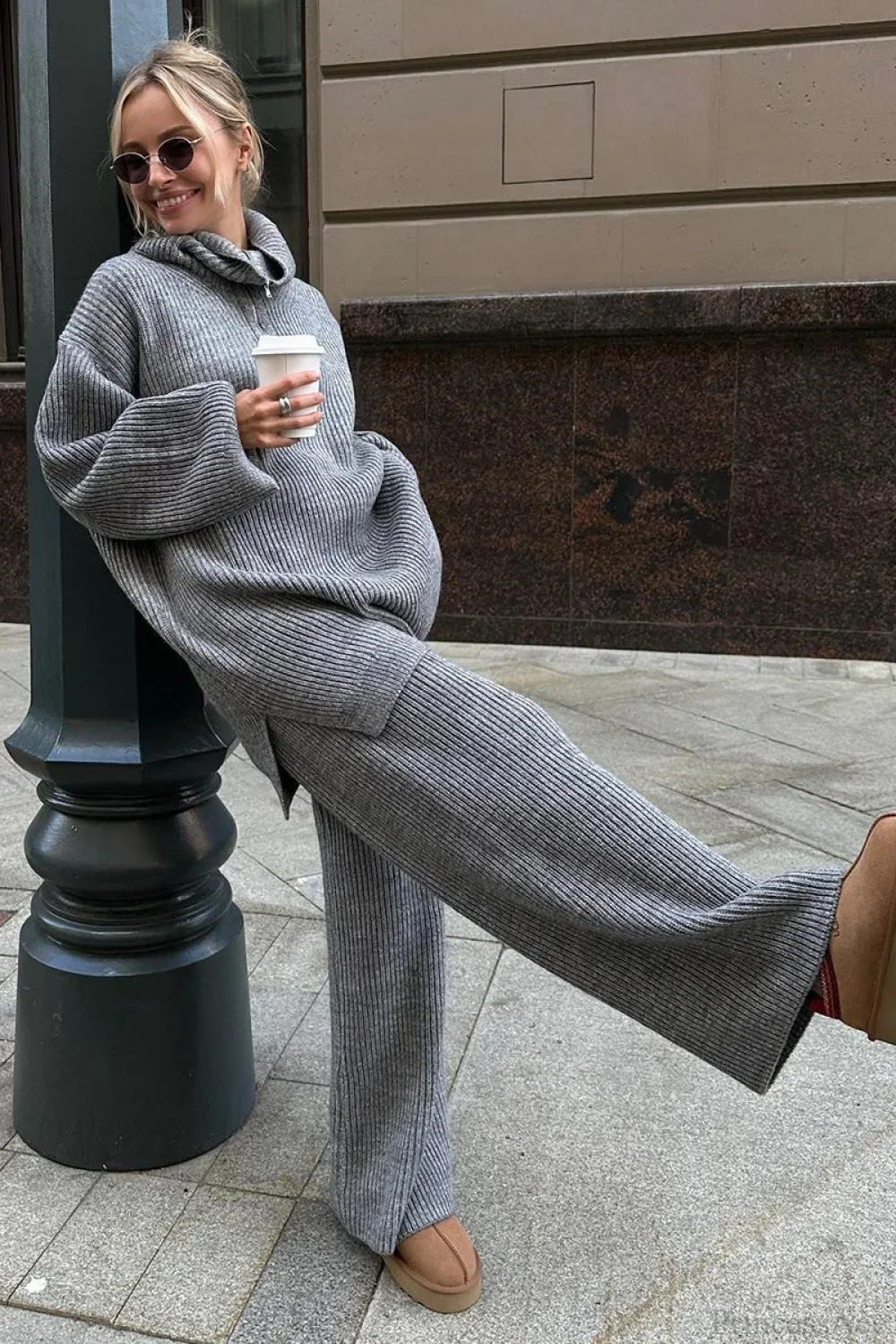 Half-Zip Knit Collared Long Sleeve Wide Leg Two Piece Set - Image 8