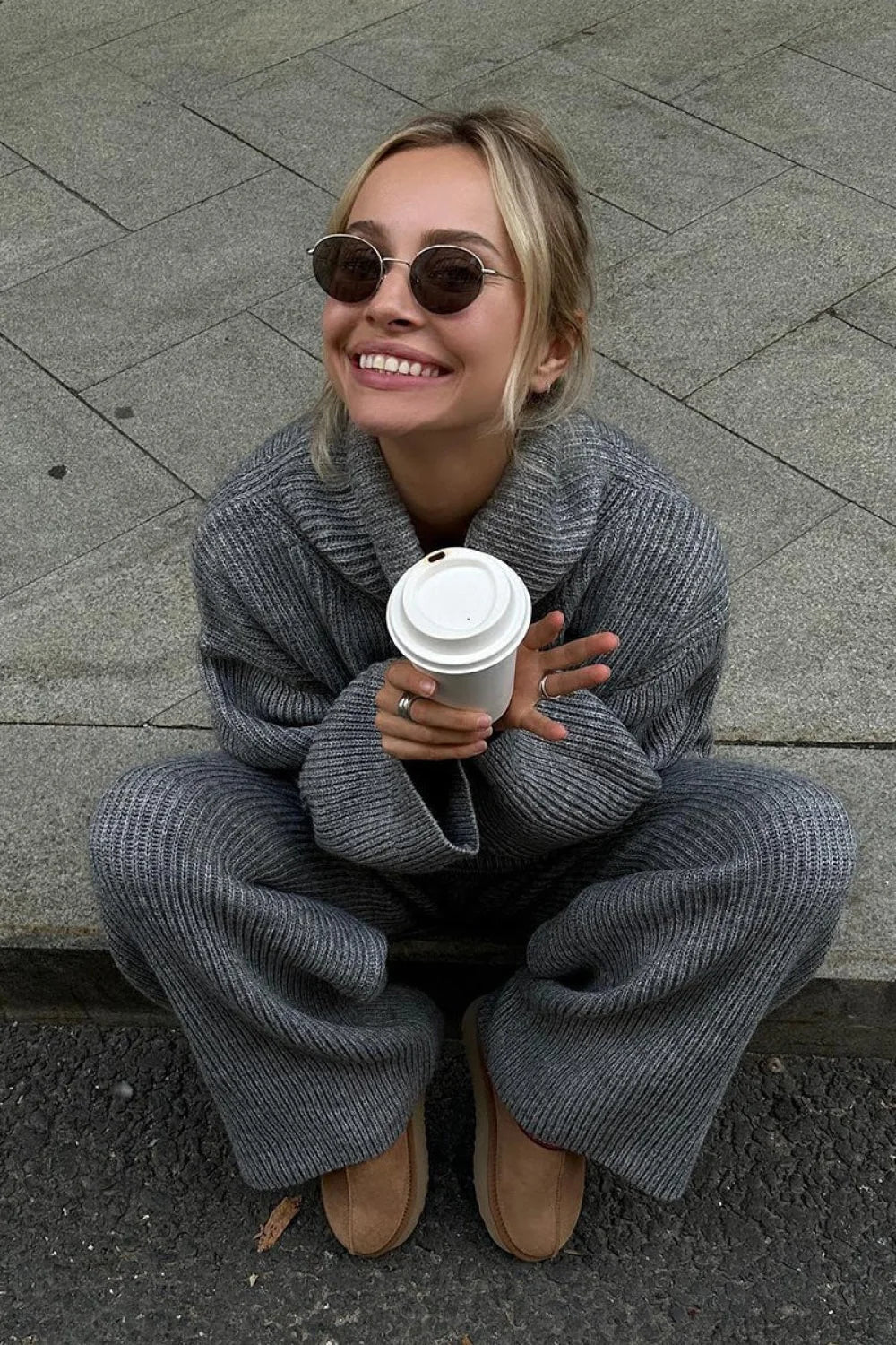 Half-Zip Knit Collared Long Sleeve Wide Leg Two Piece Set - Image 9