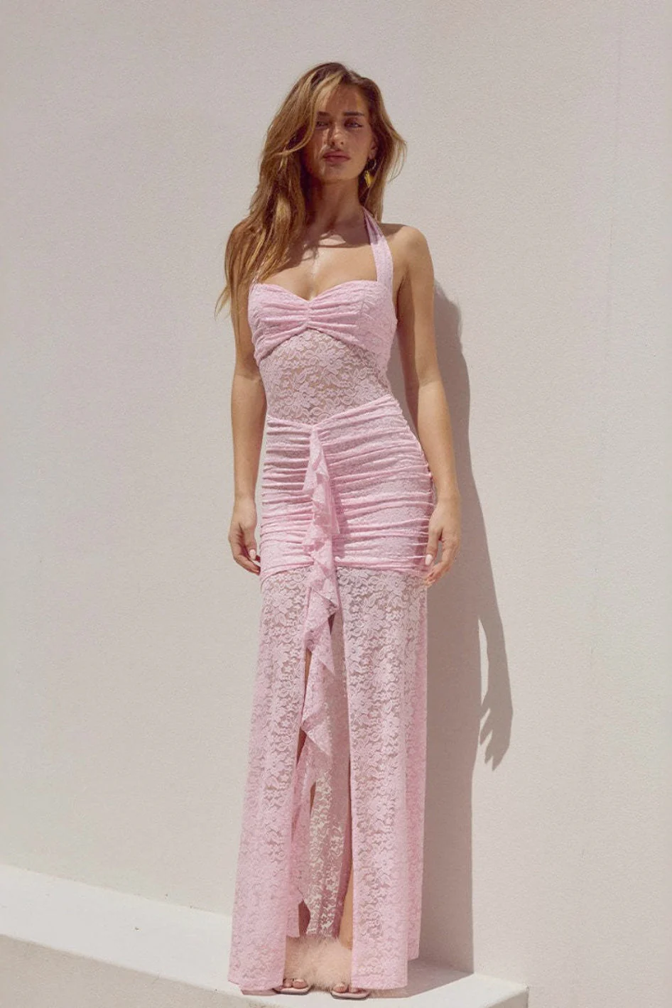 Halter Backless Sheer Lace Patchwork High Slit Fitted Maxi Dress - Image 4