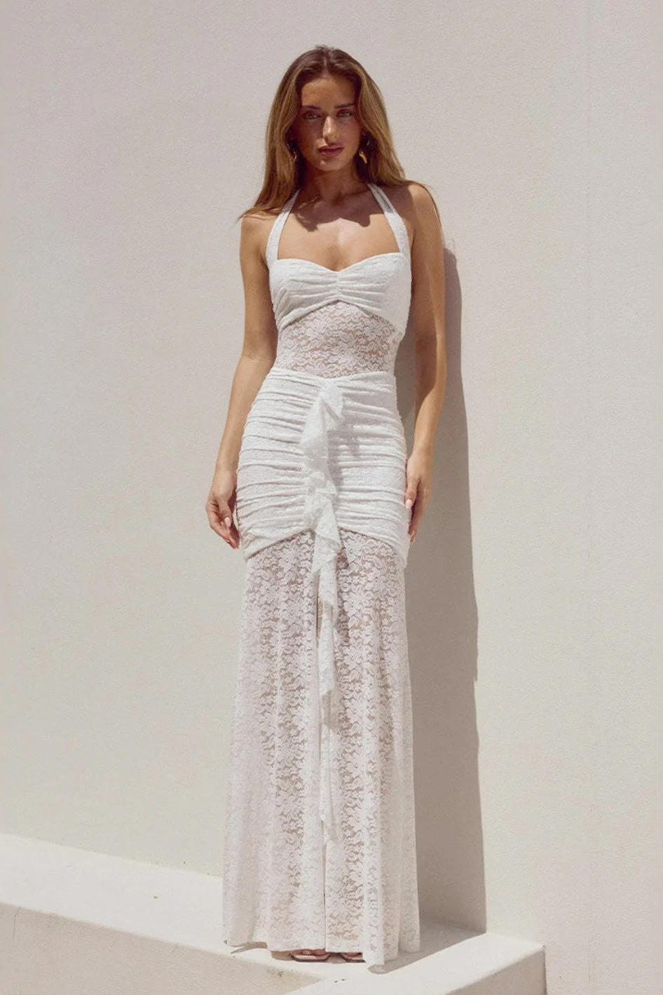 Halter Backless Sheer Lace Patchwork High Slit Fitted Maxi Dress - Image 9