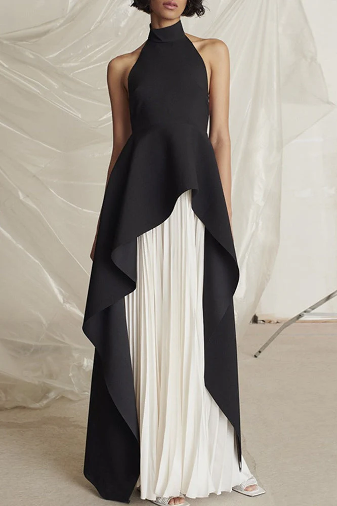 Halter Black White Contrast Pleated Prom Dress - Image 2