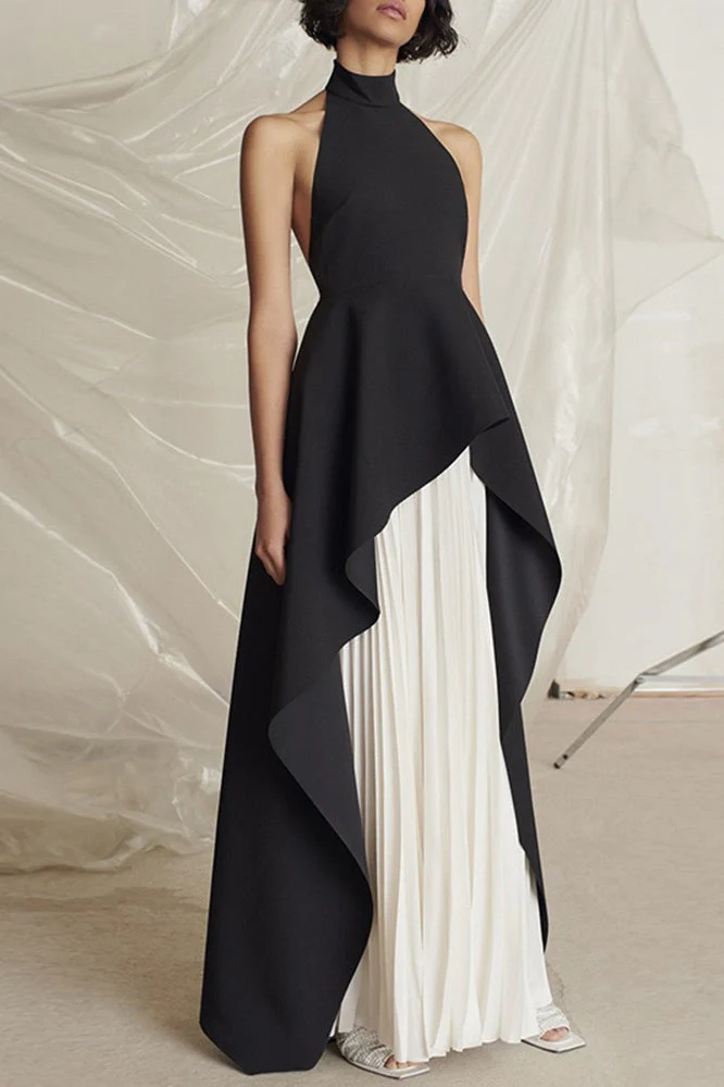 Halter Black White Contrast Pleated Prom Dress - Image 3