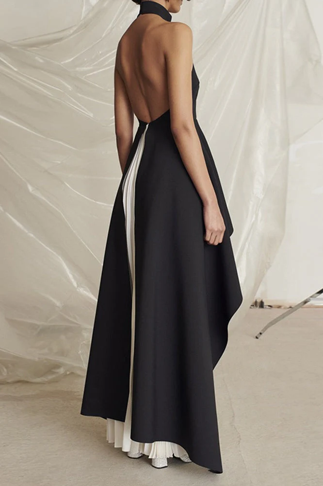 Halter Black White Contrast Pleated Prom Dress - Image 4
