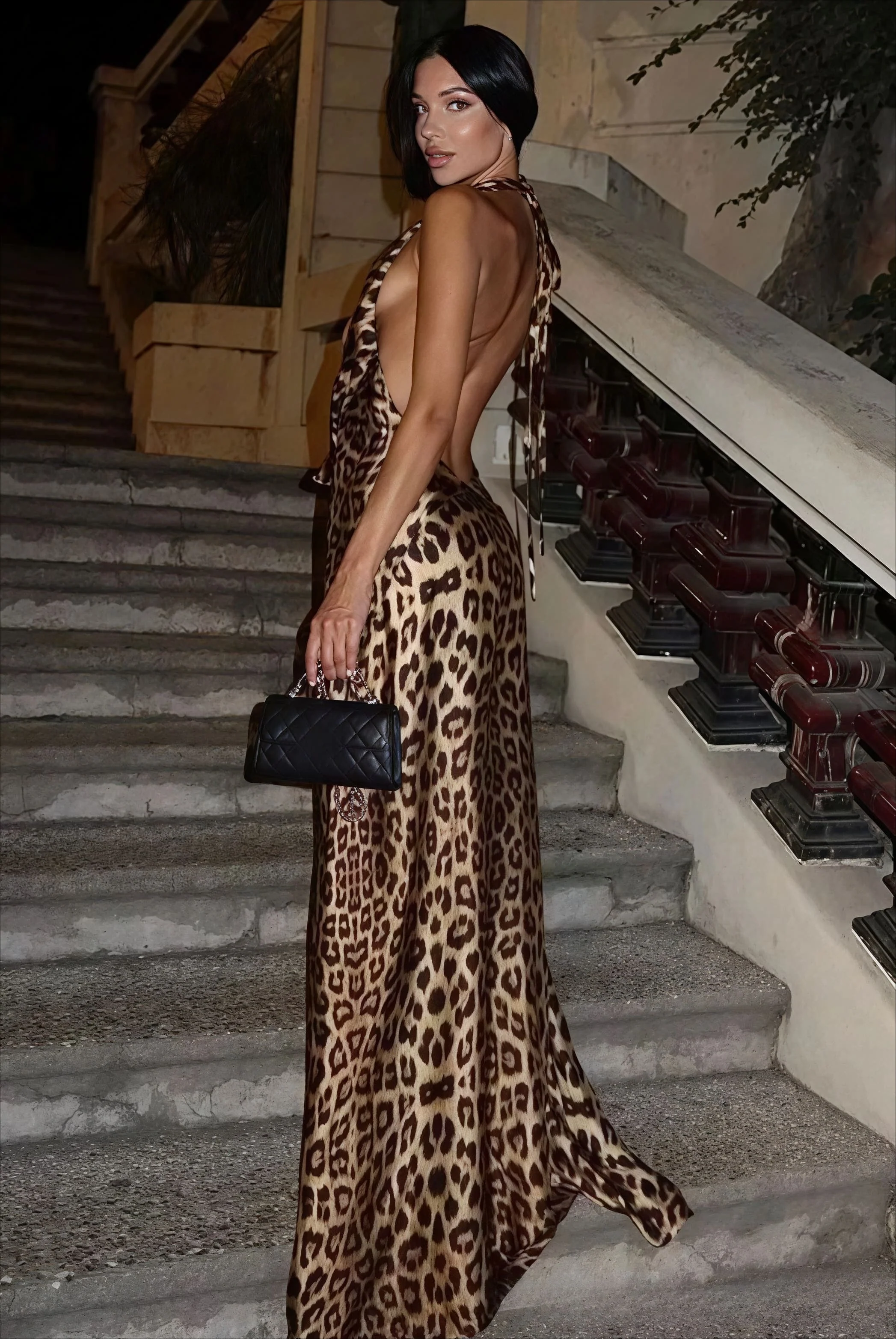 Halter Deep V Backless Leopard Print Tie Maxi Dress - Image 2