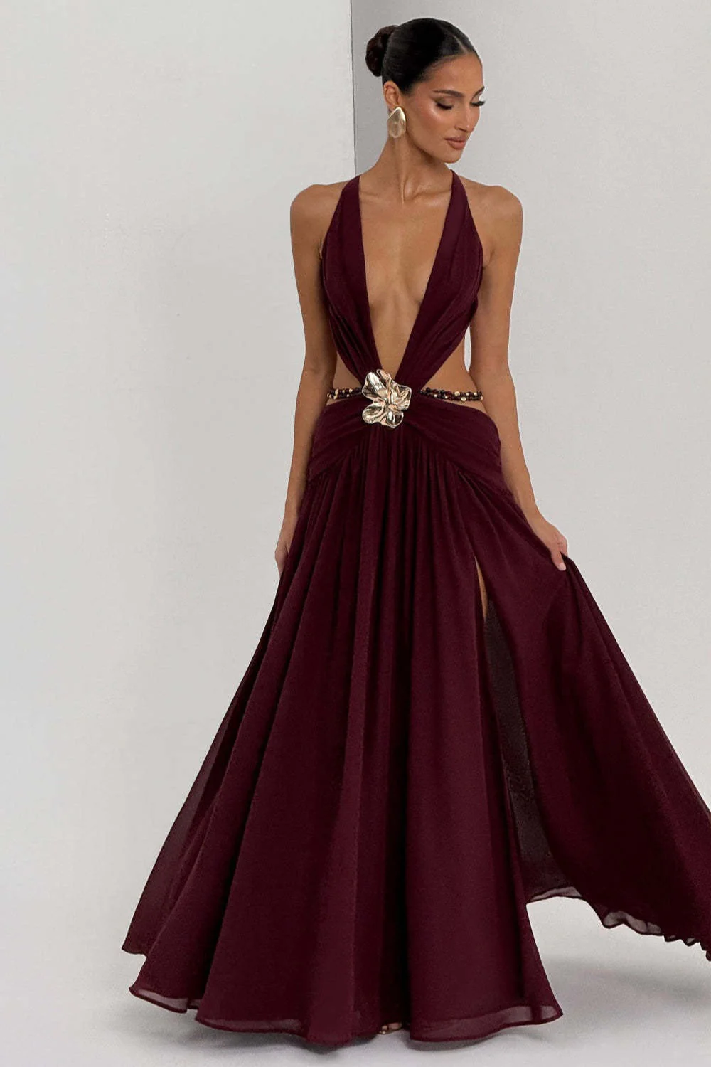 Halter Deep V Tie Backless High Slit Maxi Dress - Image 2