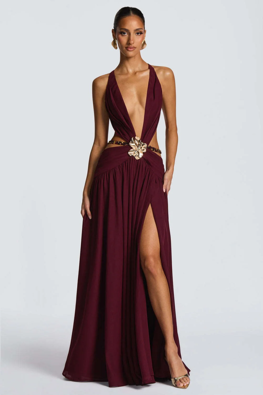 Halter Deep V Tie Backless High Slit Maxi Dress - Image 3