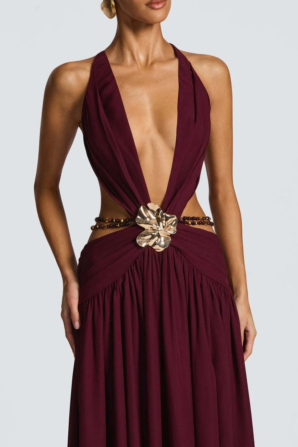 Halter Deep V Tie Backless High Slit Maxi Dress - Image 4