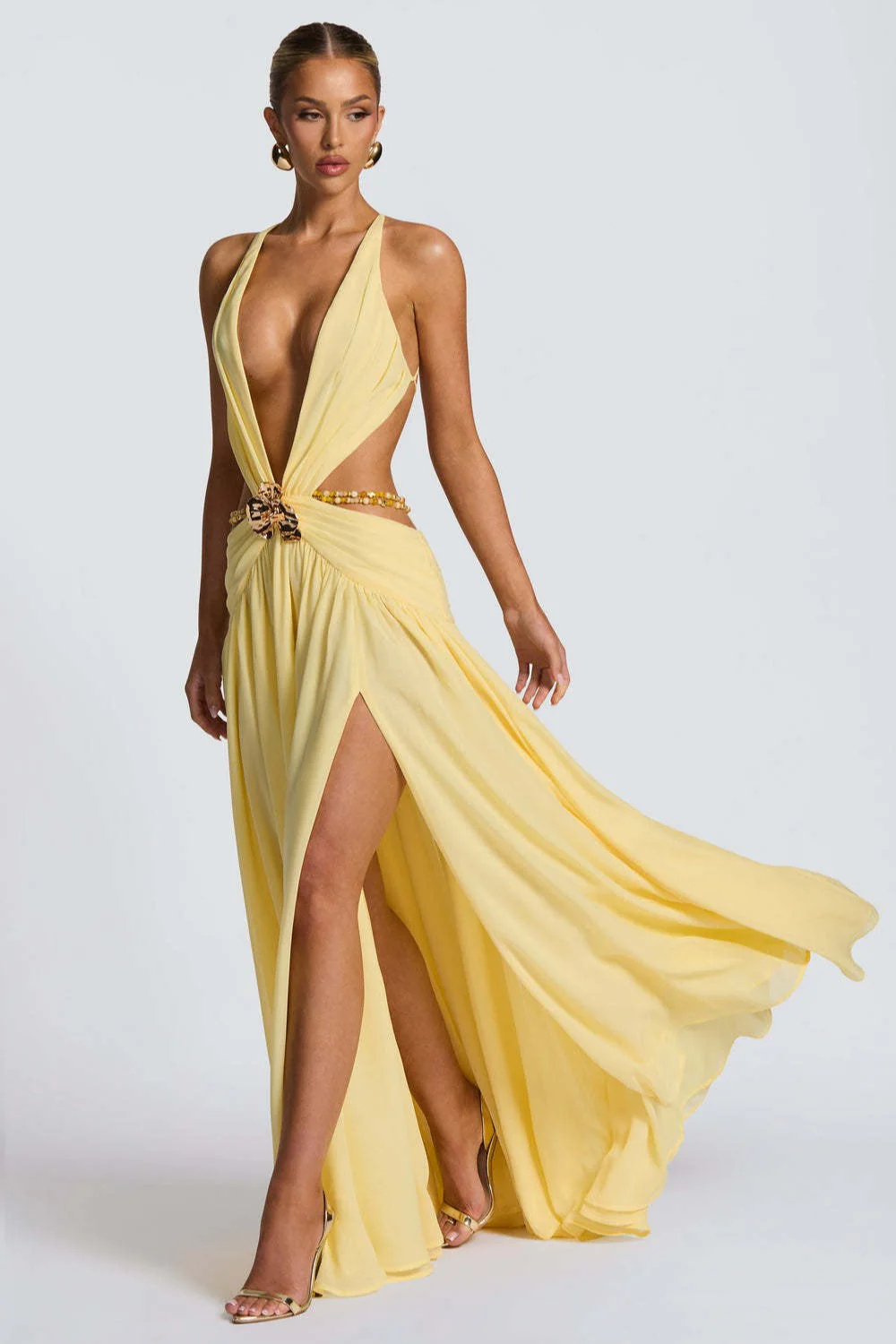 Halter Deep V Tie Backless High Slit Maxi Dress - Image 6