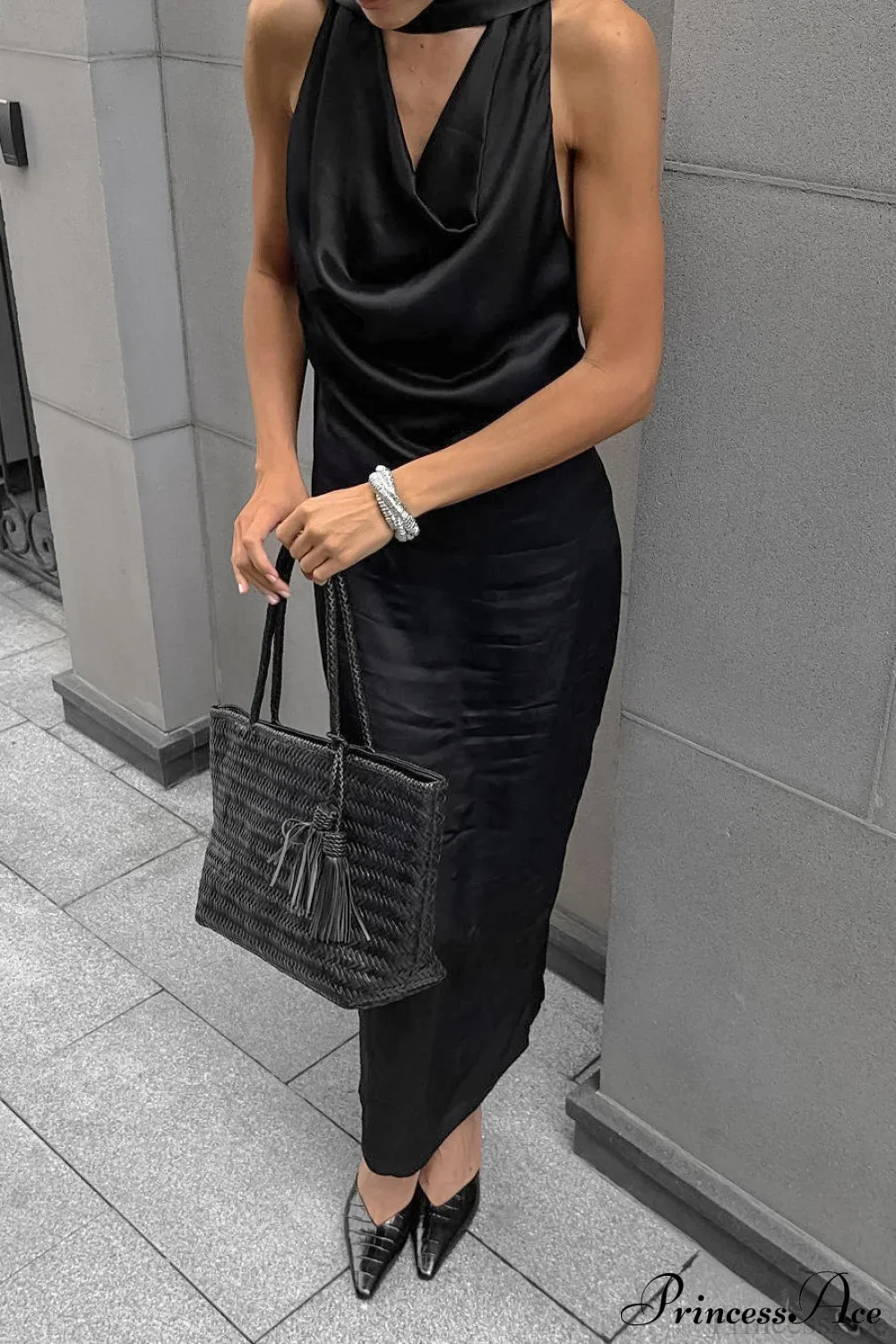 Halter Draped Satin Curvy Maxi Dress - Image 2