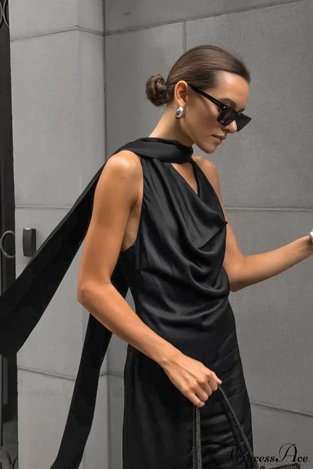 Halter Draped Satin Curvy Maxi Dress - Image 3