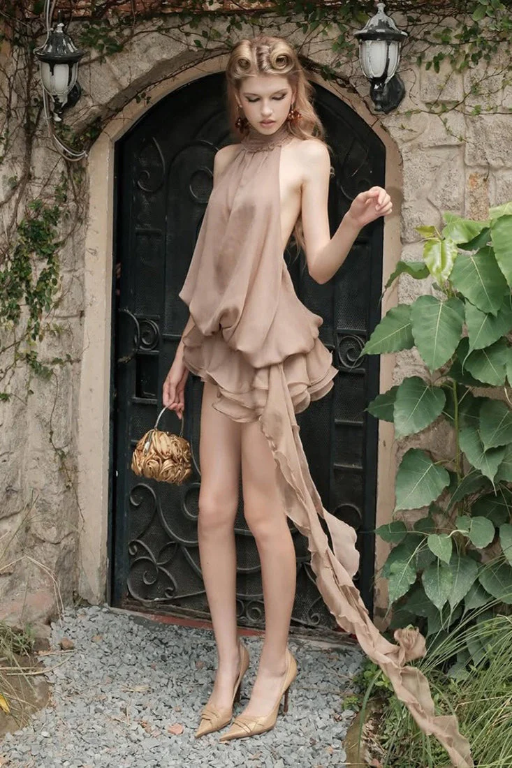 Halter Flowy Asymmetrical Backless Mini Dress - Image 6