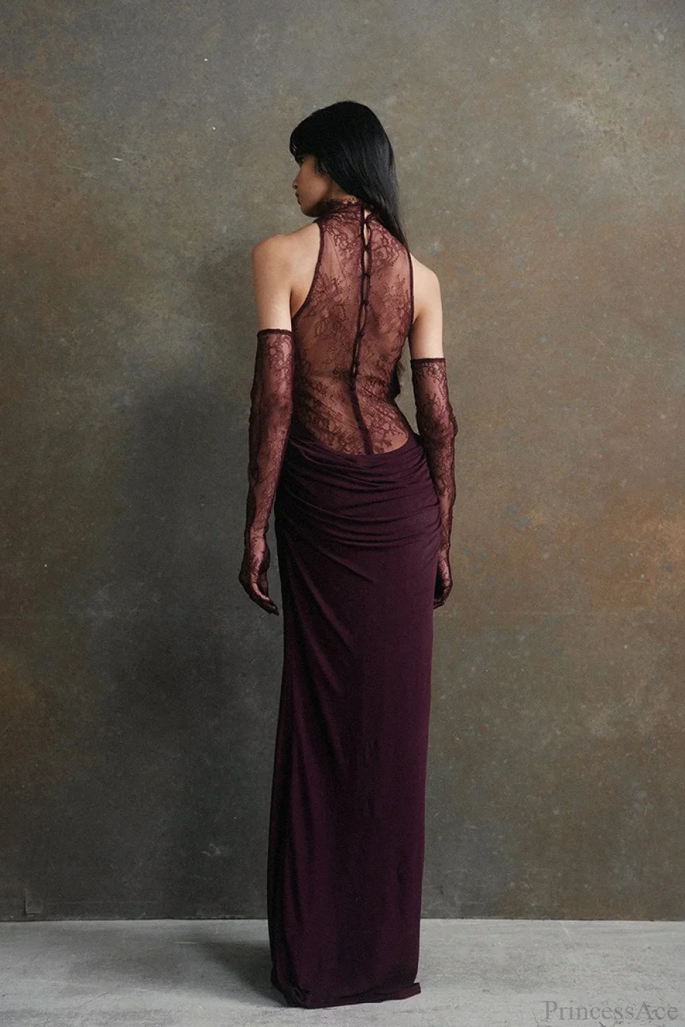 Halter Lace Paneled Deep V Ruched Evening Dress - Image 2