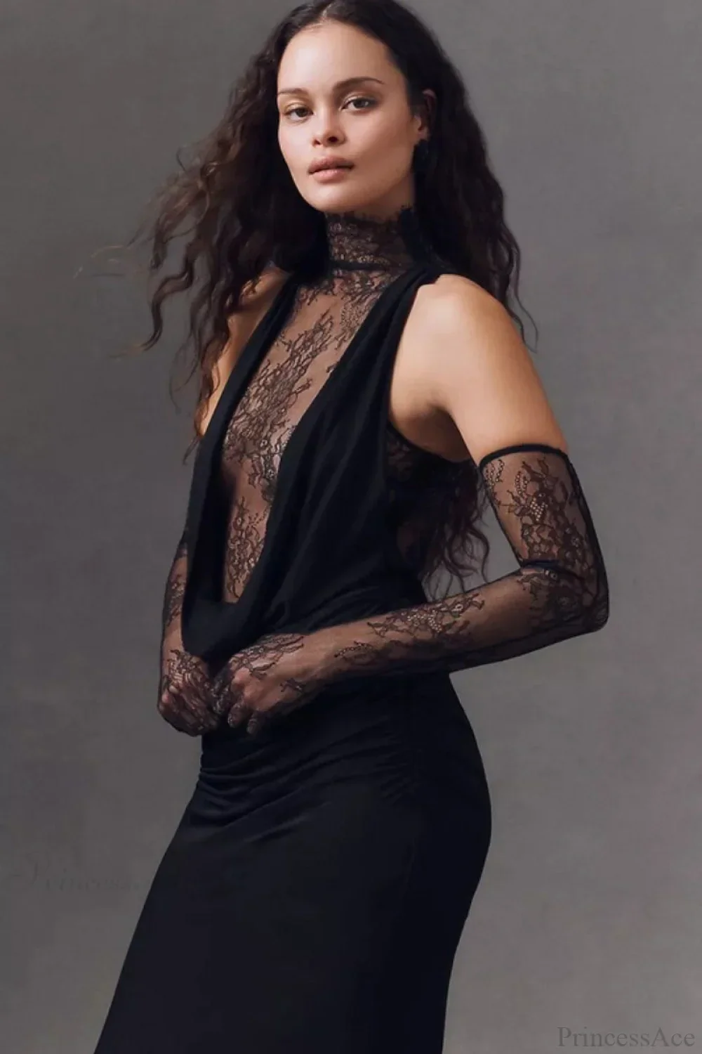 Halter Lace Paneled Deep V Ruched Evening Dress - Image 4