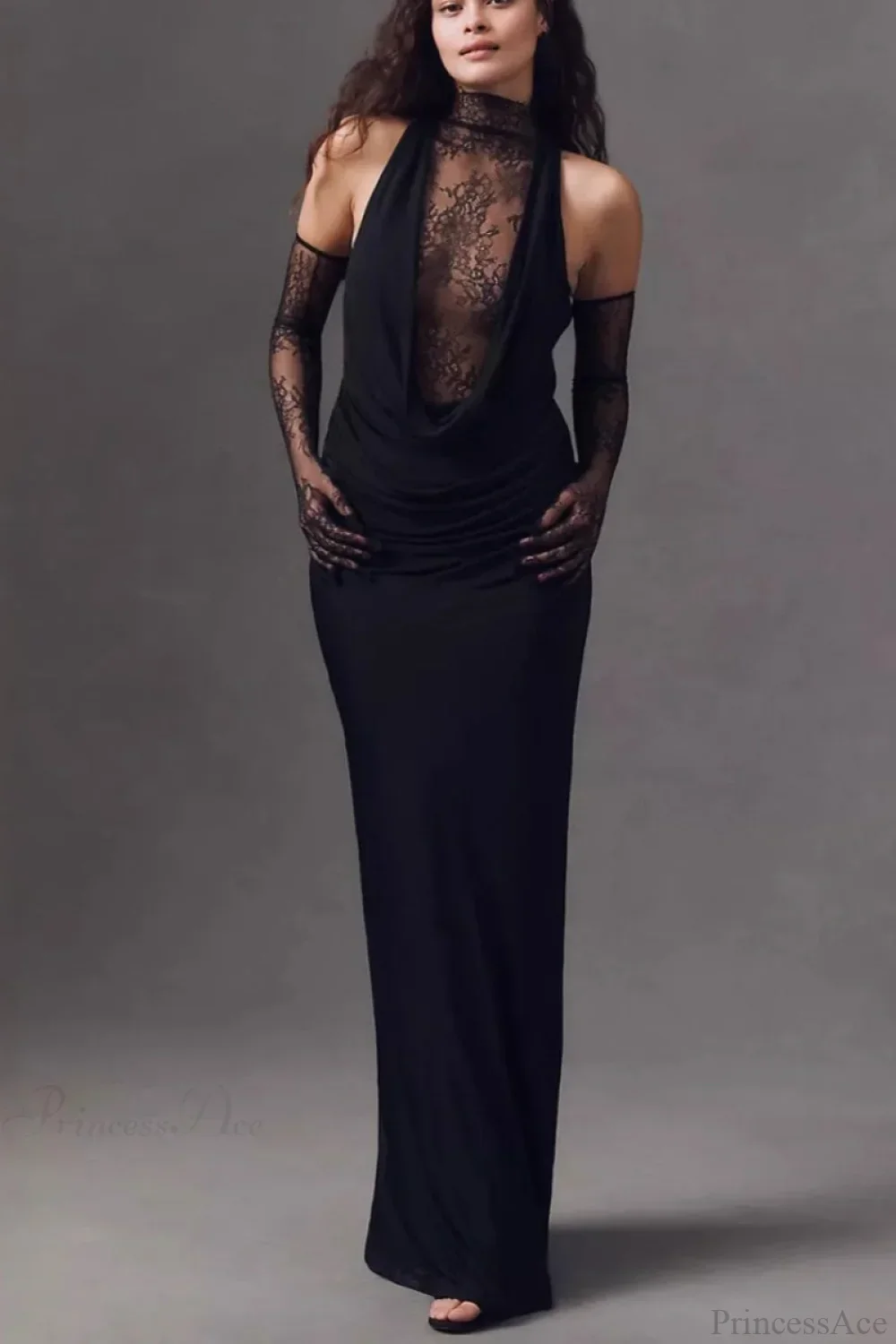 Halter Lace Paneled Deep V Ruched Evening Dress - Image 5