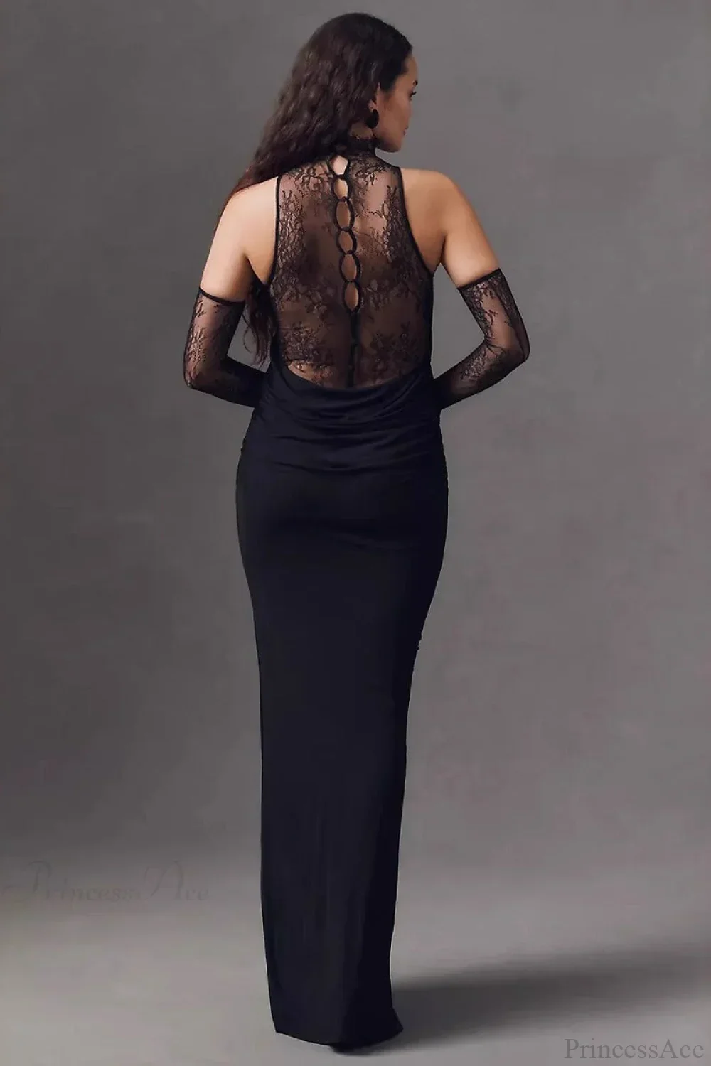Halter Lace Paneled Deep V Ruched Evening Dress - Image 6