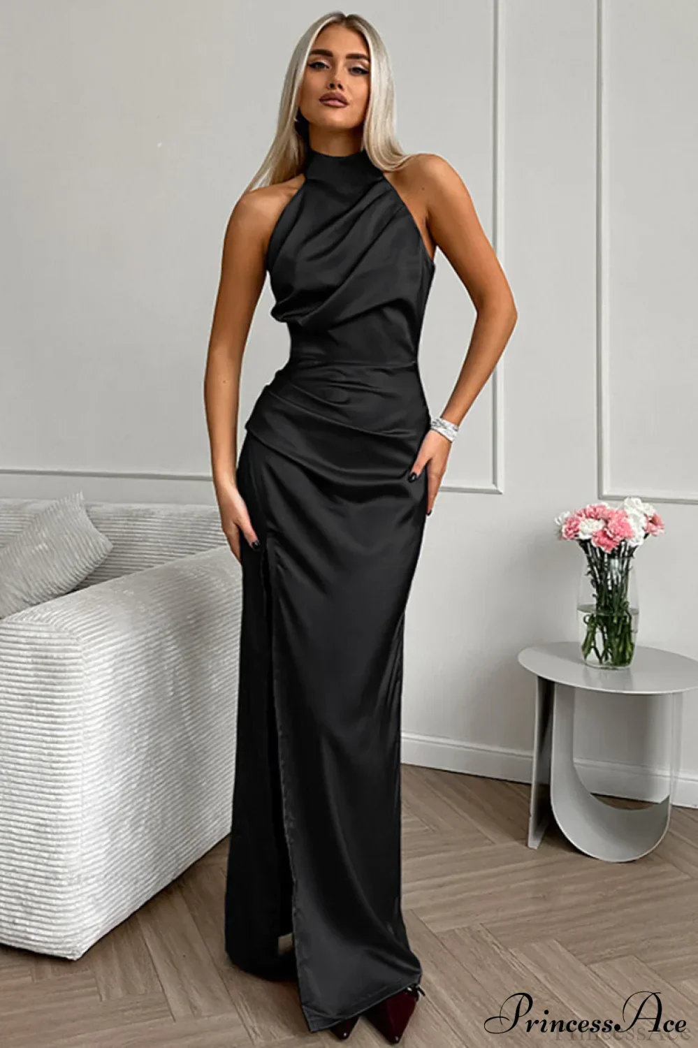 Halter Sleeveless Solid Split Chic Maxi Dress - Image 4