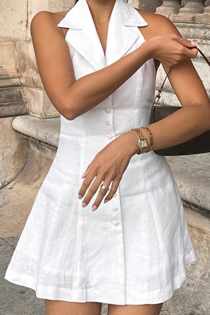 Halter V Neck Button Down A Line Mini Dress - Image 2