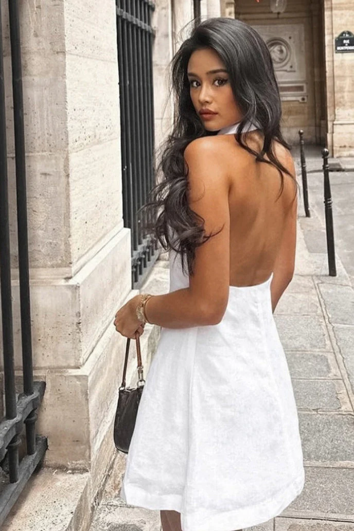 Halter V Neck Button Down A Line Mini Dress - Image 3
