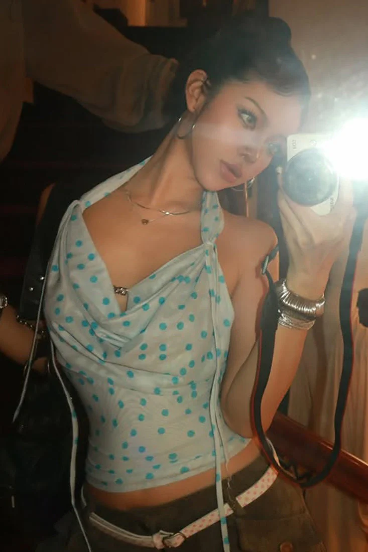 Halter V Neck Polka Dot Tank Top - Image 2