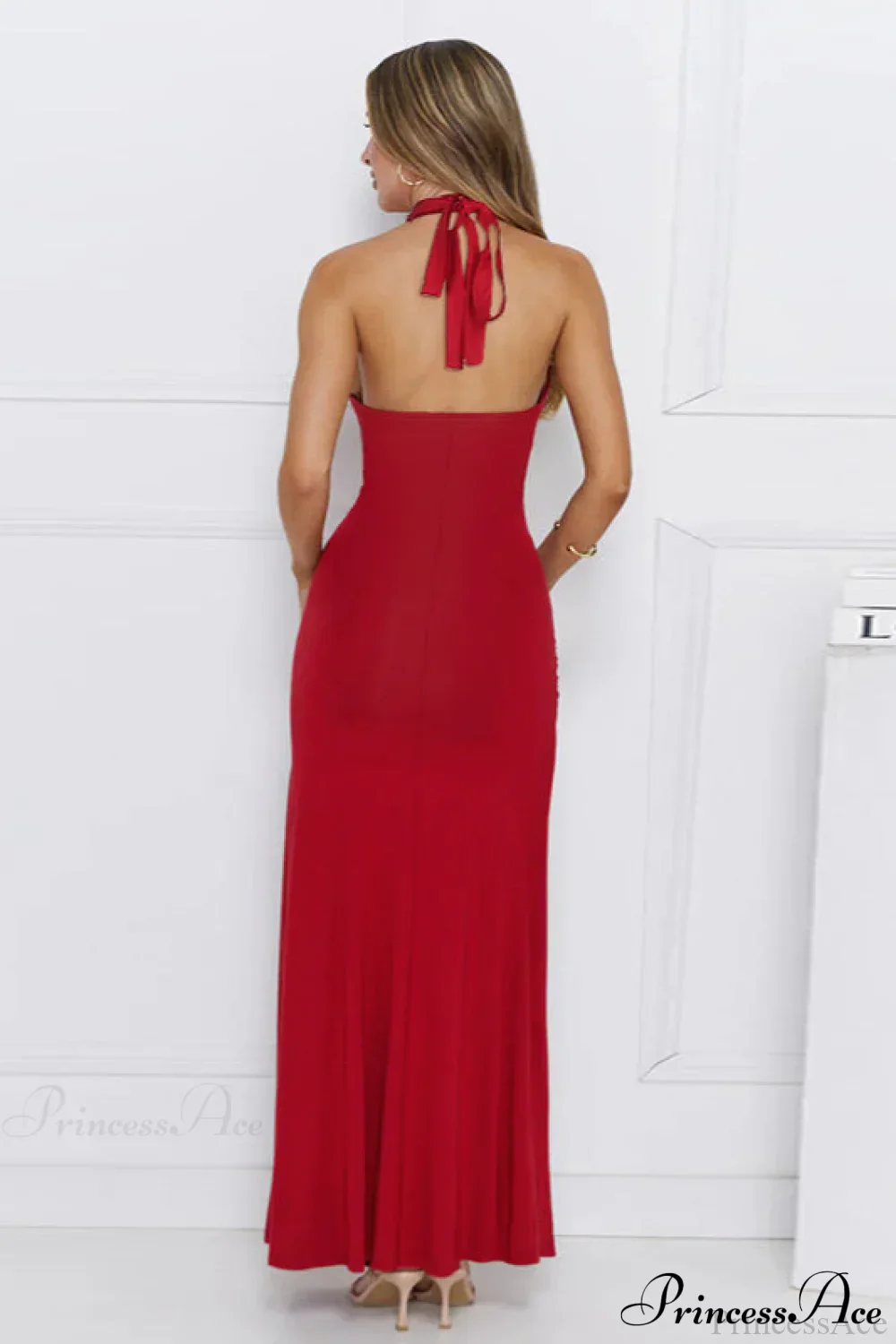 Halter V Neck Slit Slim Long Fitted Party Dress - Image 3