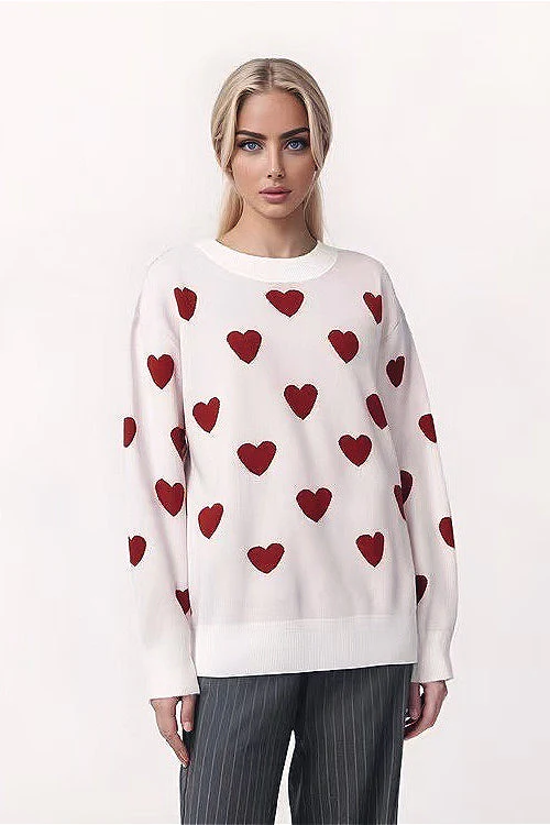 Heart-Accented Crew-Neck Long-Sleeve Loose Sweater - Image 2
