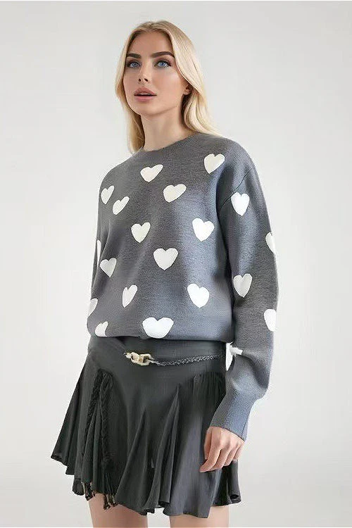 Heart-Accented Crew-Neck Long-Sleeve Loose Sweater - Image 3