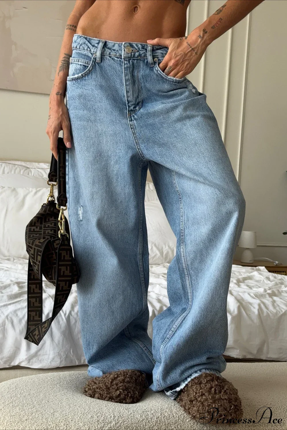 Heart Distressed Low Waist Wide Leg Straight Jeans - Image 2