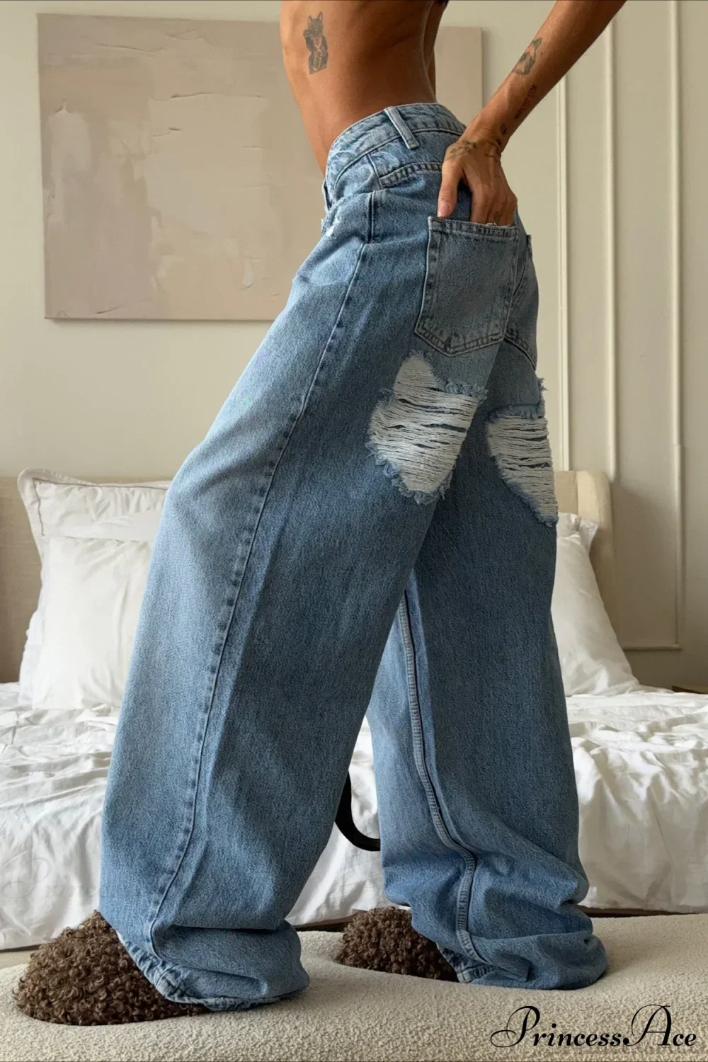 Heart Distressed Low Waist Wide Leg Straight Jeans - Image 3