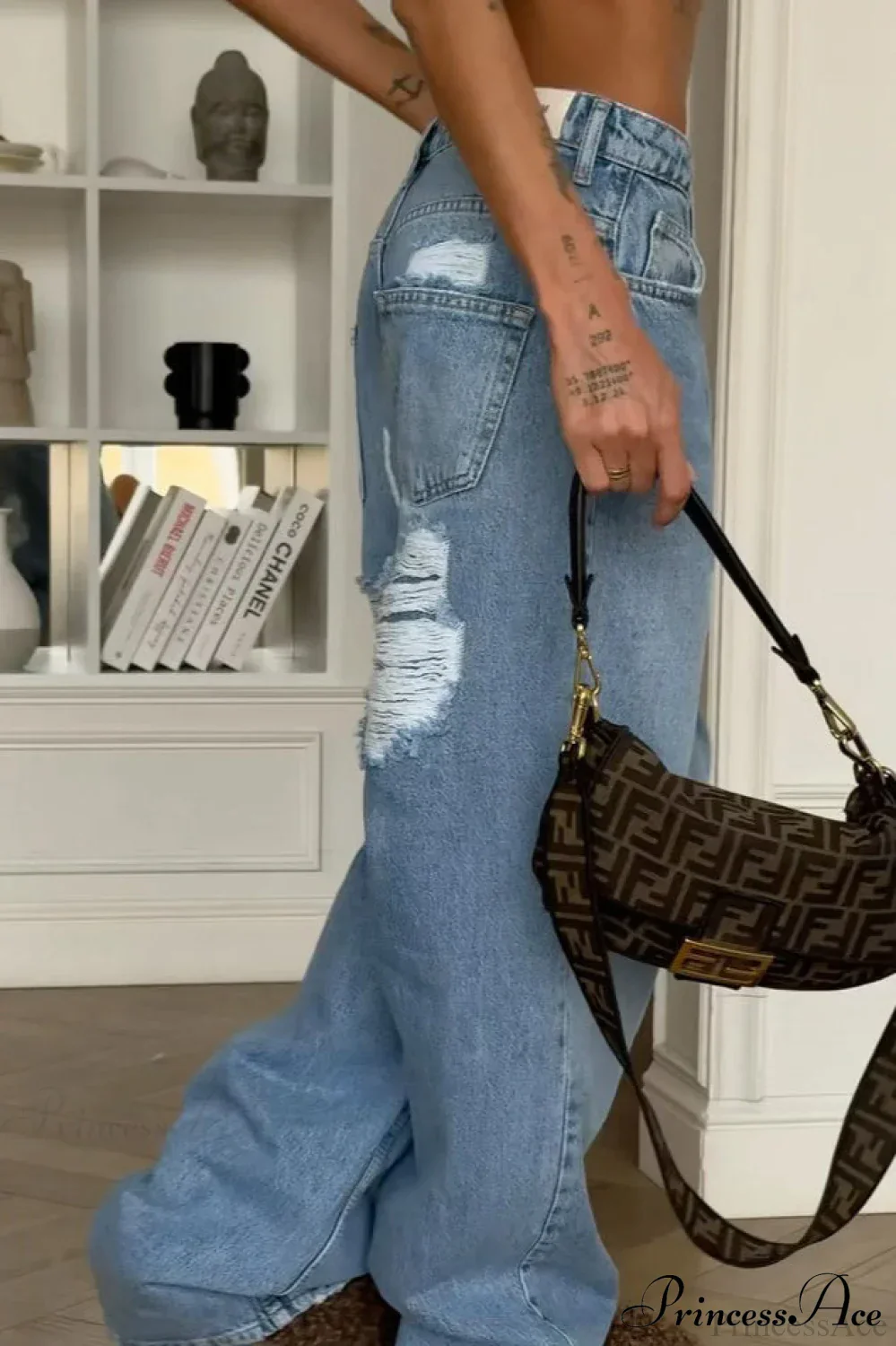 Heart Distressed Low Waist Wide Leg Straight Jeans - Image 4