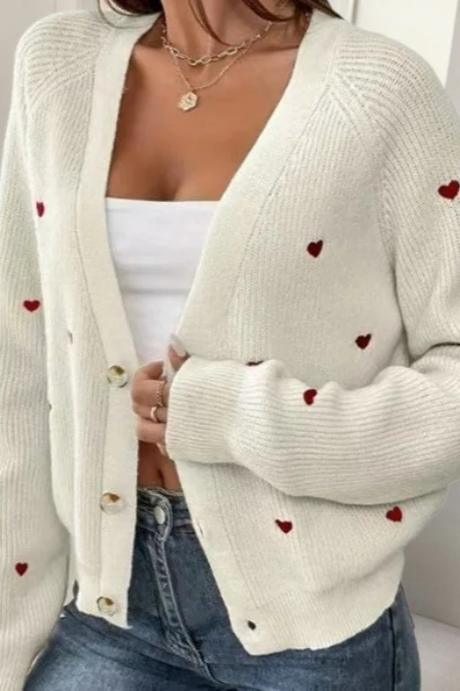 Heart Embroidery V Neck Cardigan - Image 3