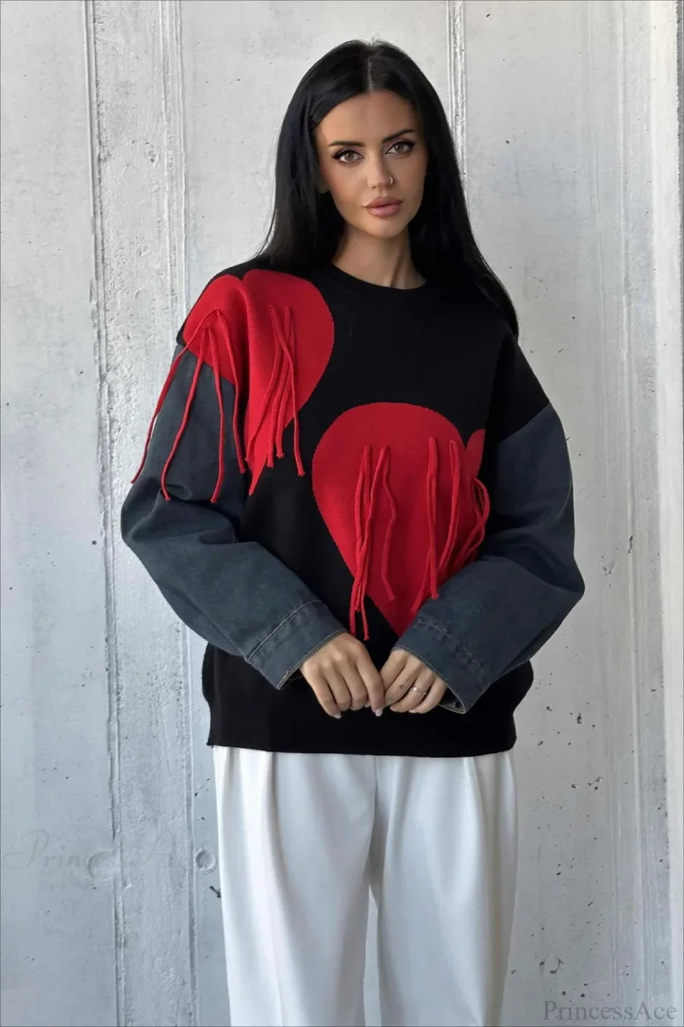 Heart Fringe Loose Chic Knit Sweater - Image 2