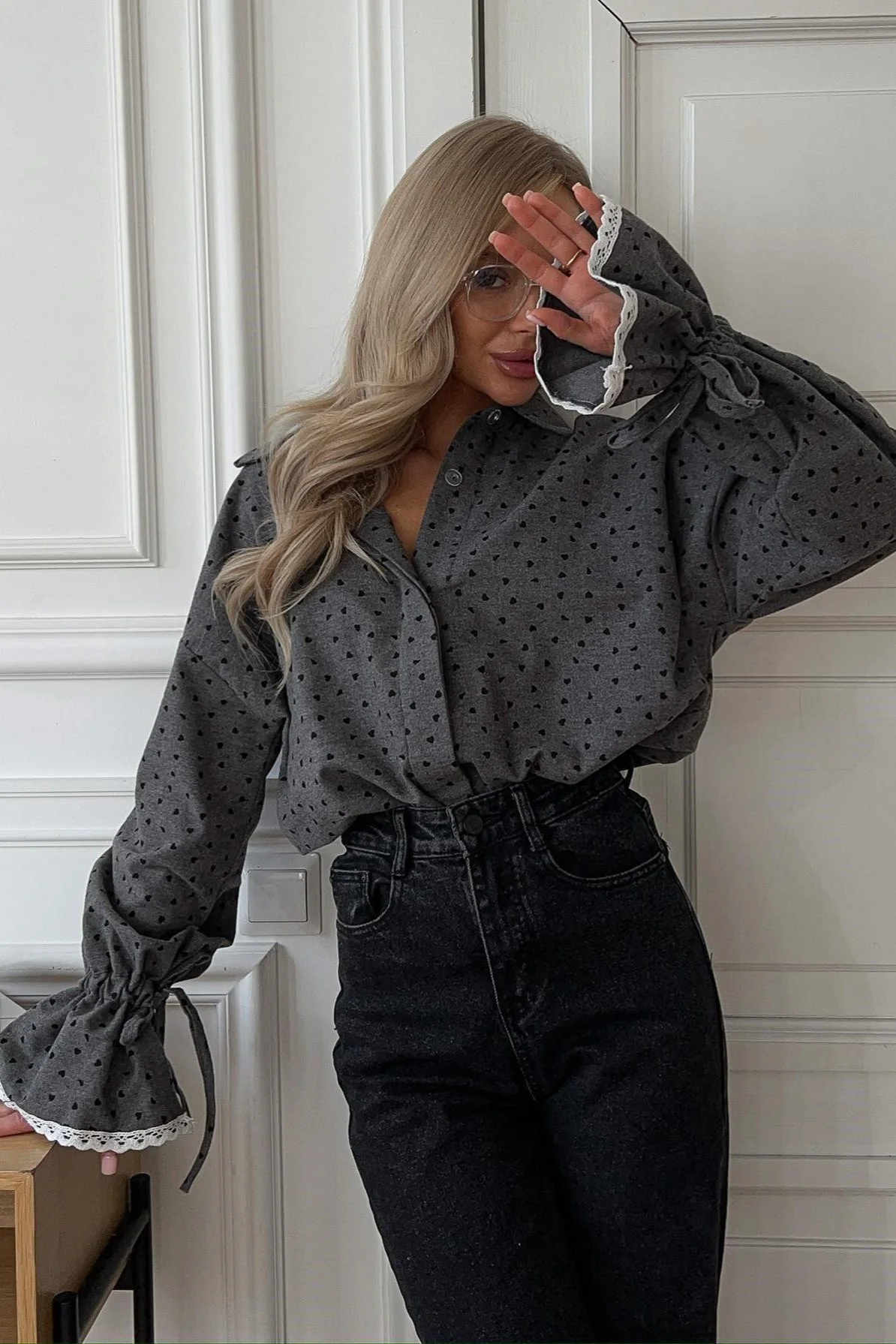 Heart Lace Panel Long Sleeve Blouse - Image 2