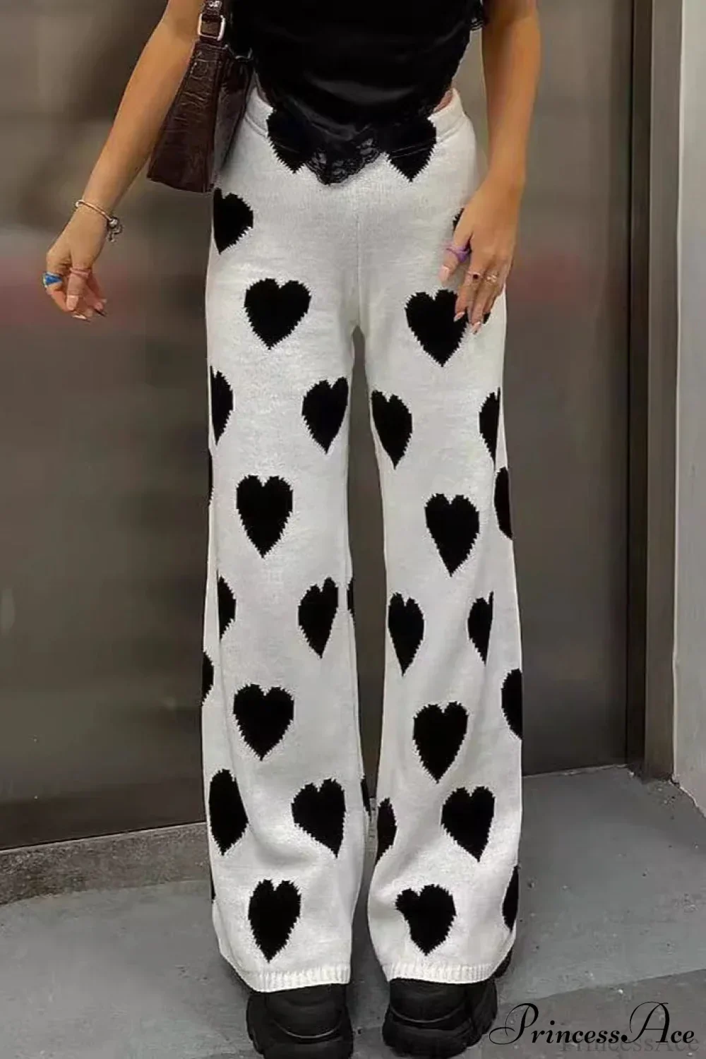 Heart Pattern Knit Wide Leg Pants - Image 2