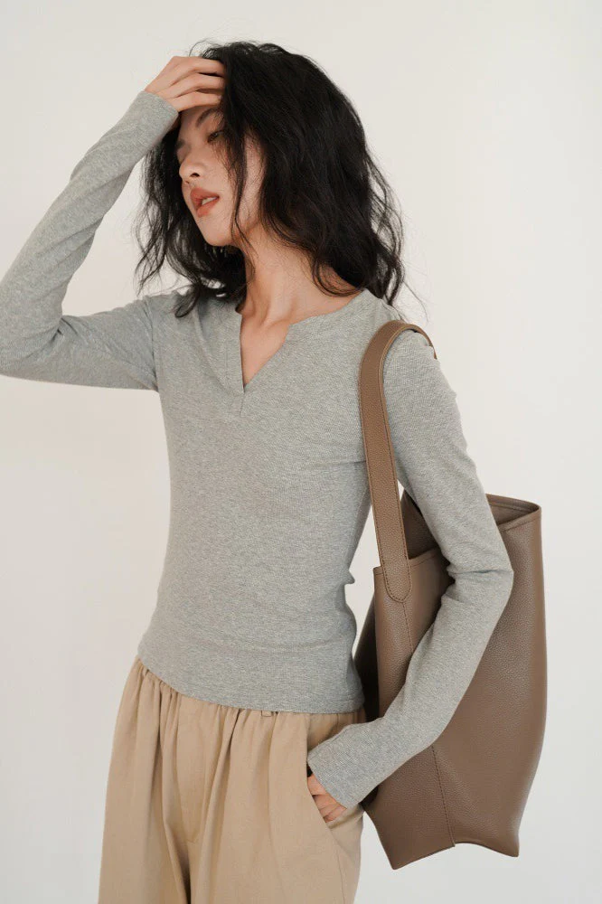 Heather Grey Fitted V-Neck Long-Sleeve Knit Top - Image 2
