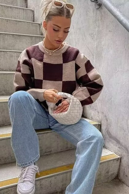 heckerboard Knit Crewneck Loose Long Sleeve Sweater - Image 2