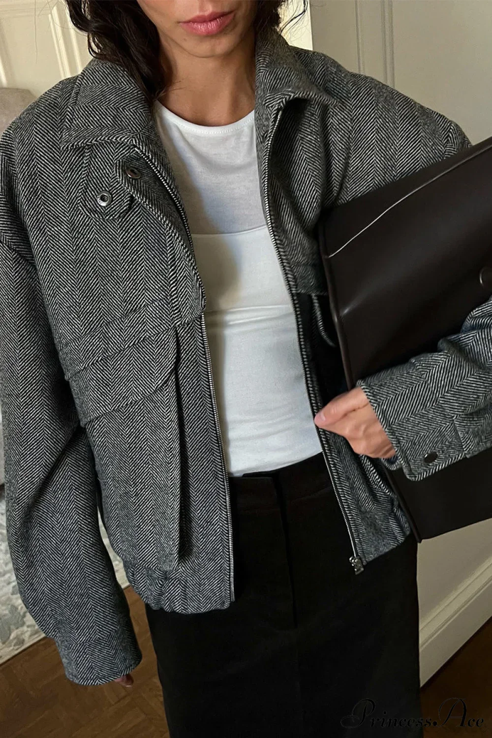 Herringbone Stand Collar Zip Pocket Coat - Image 2