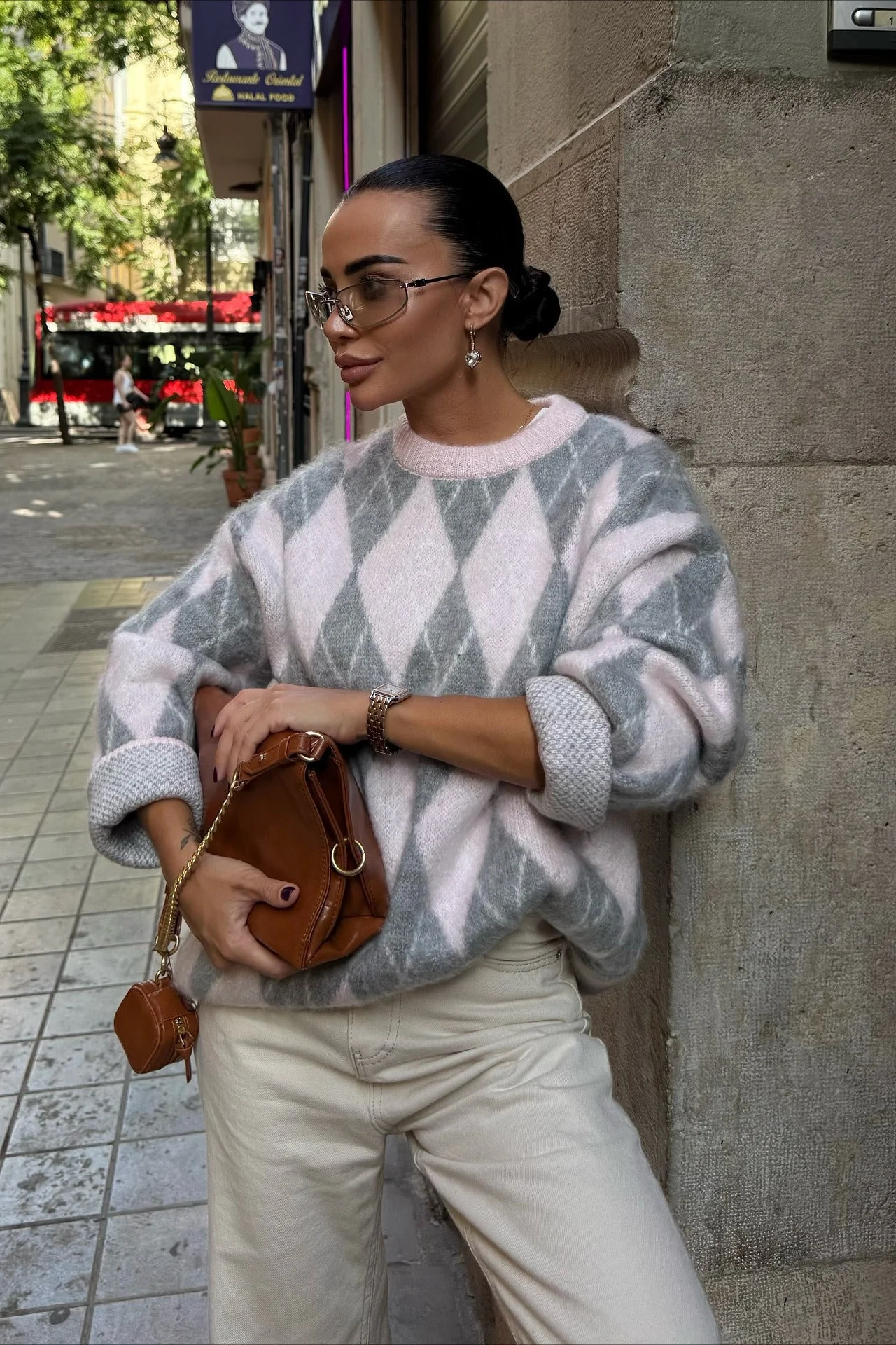 High End Argyle Knit Crewneck Lazy Street Sweater - Image 4