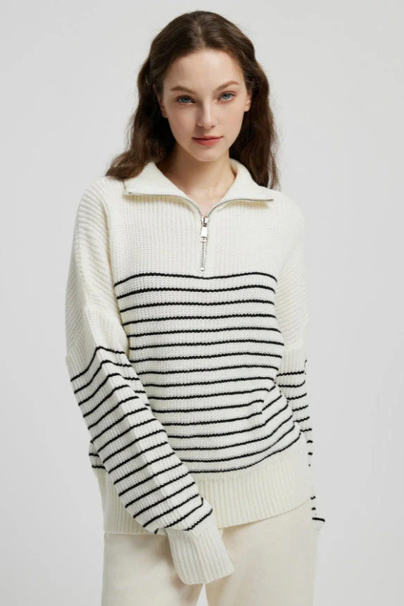 High Neck Striped Color Block Zip Pullover Sweater - Image 2
