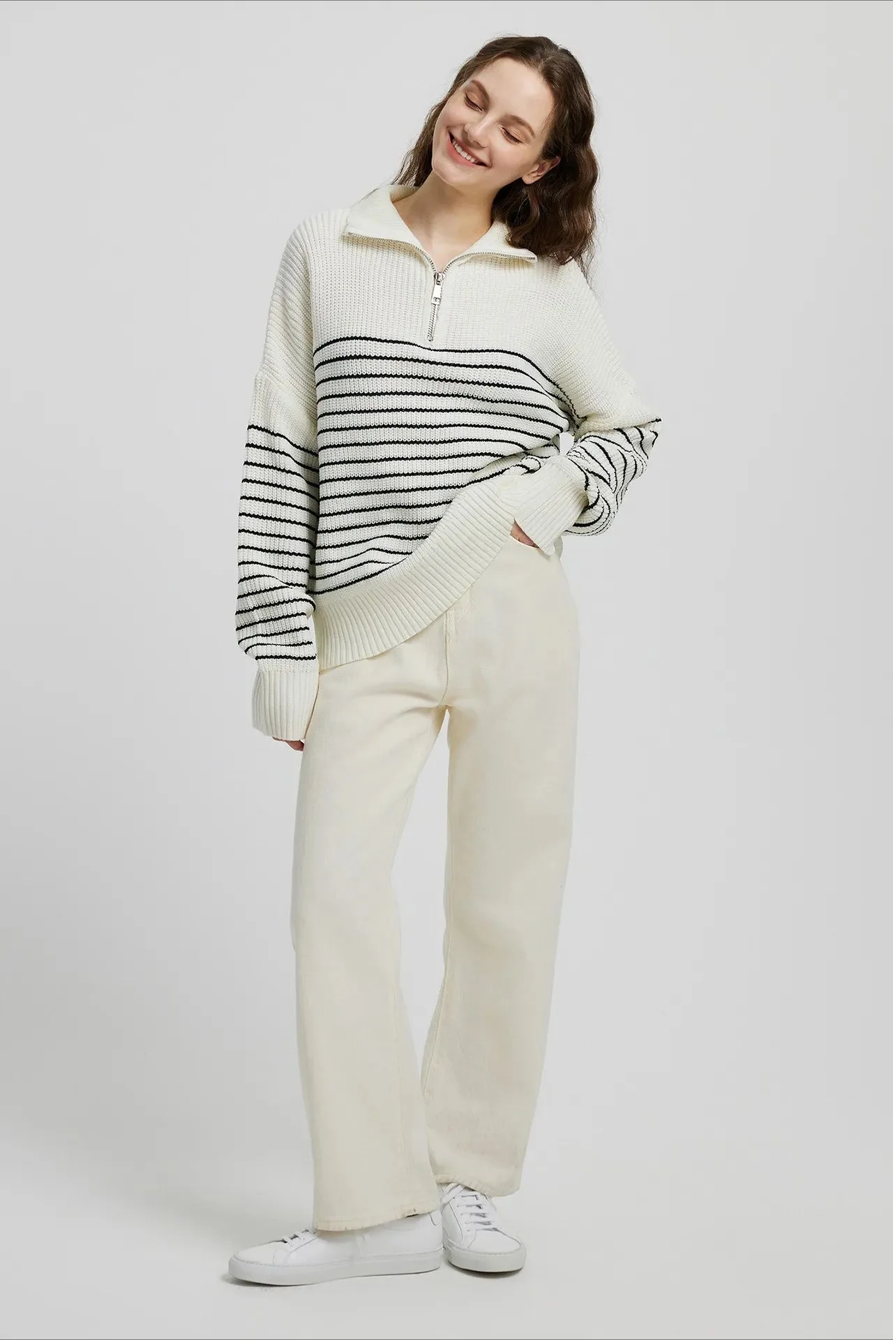 High Neck Striped Color Block Zip Pullover Sweater - Image 4