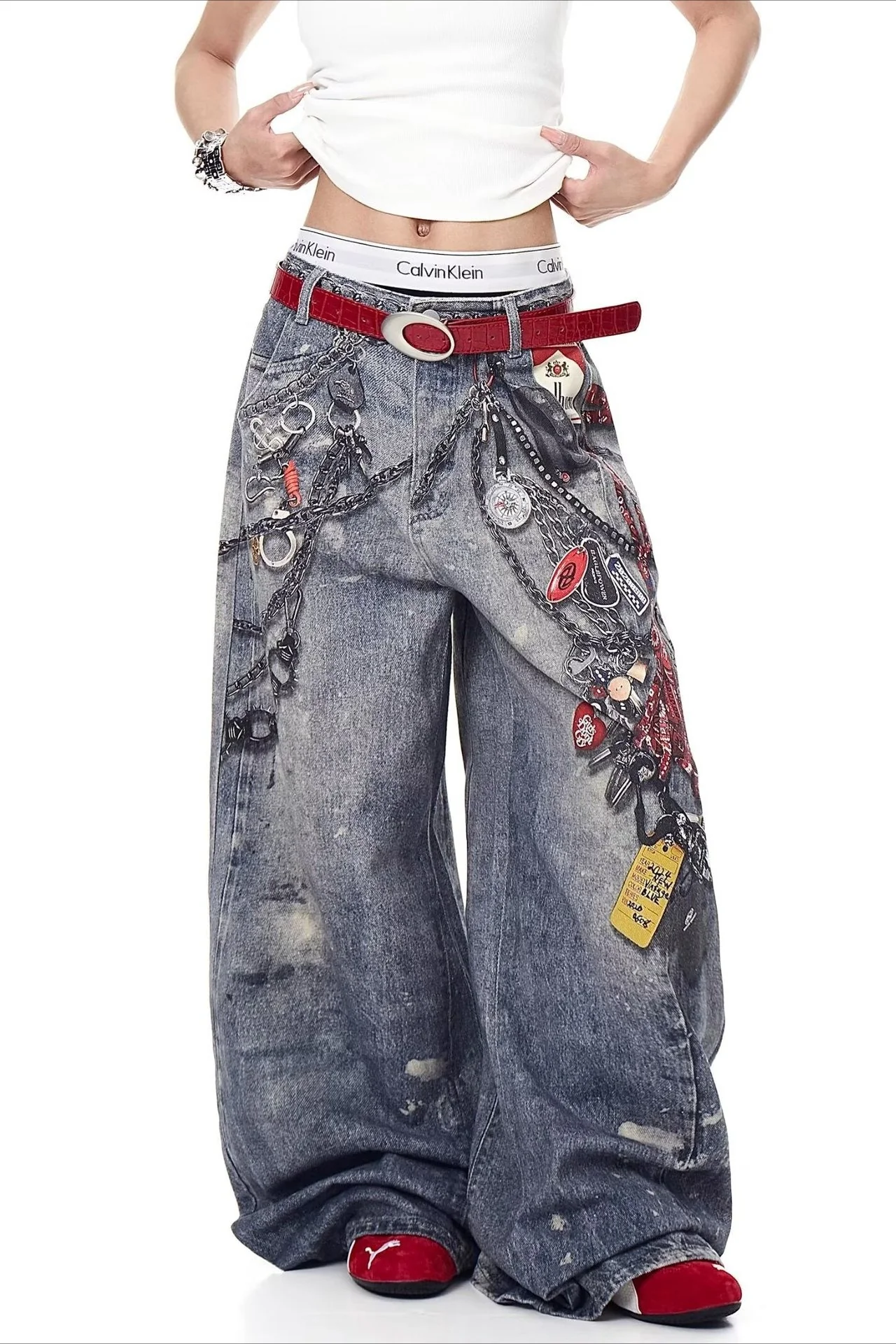 High Street 3D Chain Print Loose Wide Leg Jeans - Image 2