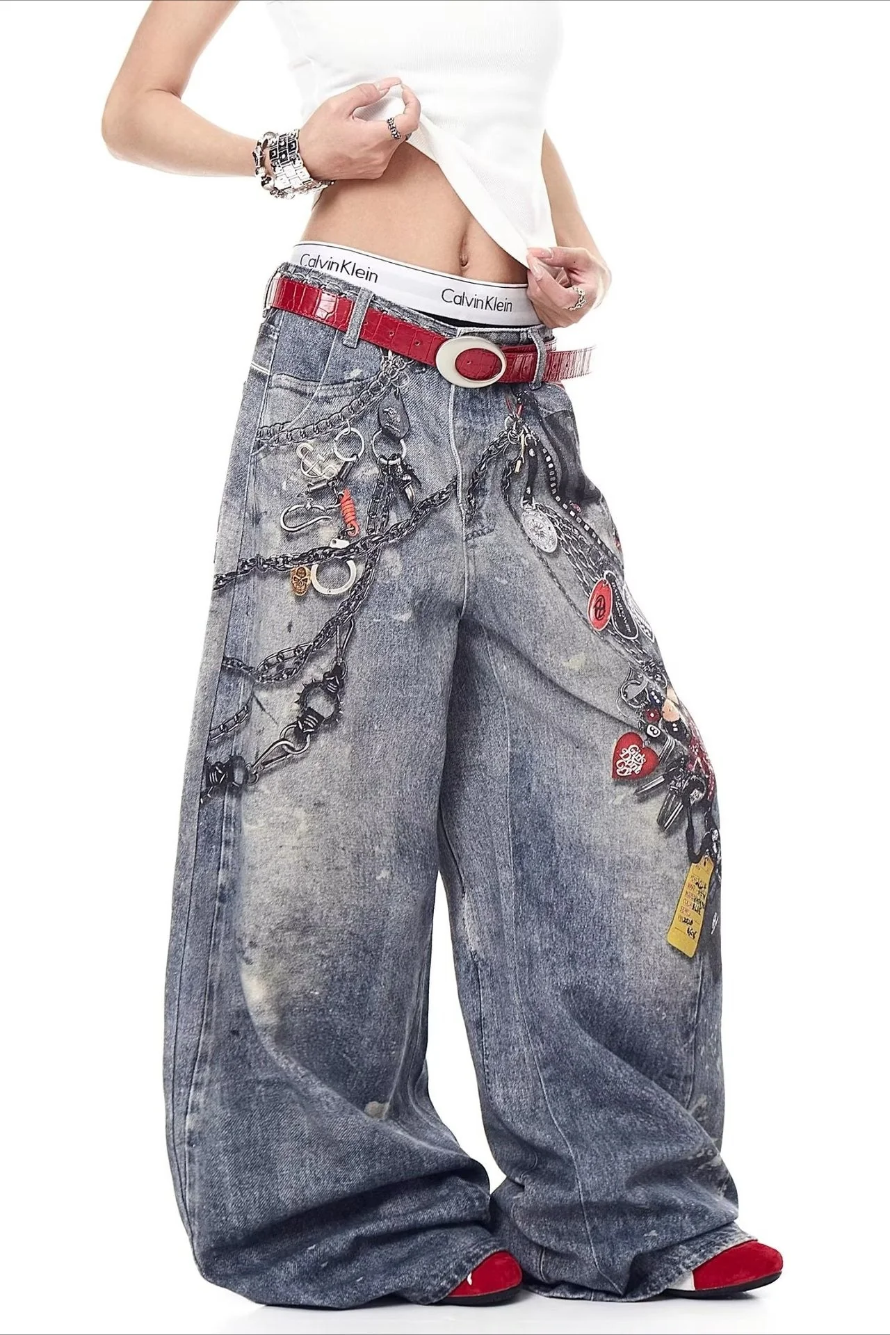 High Street 3D Chain Print Loose Wide Leg Jeans - Image 3