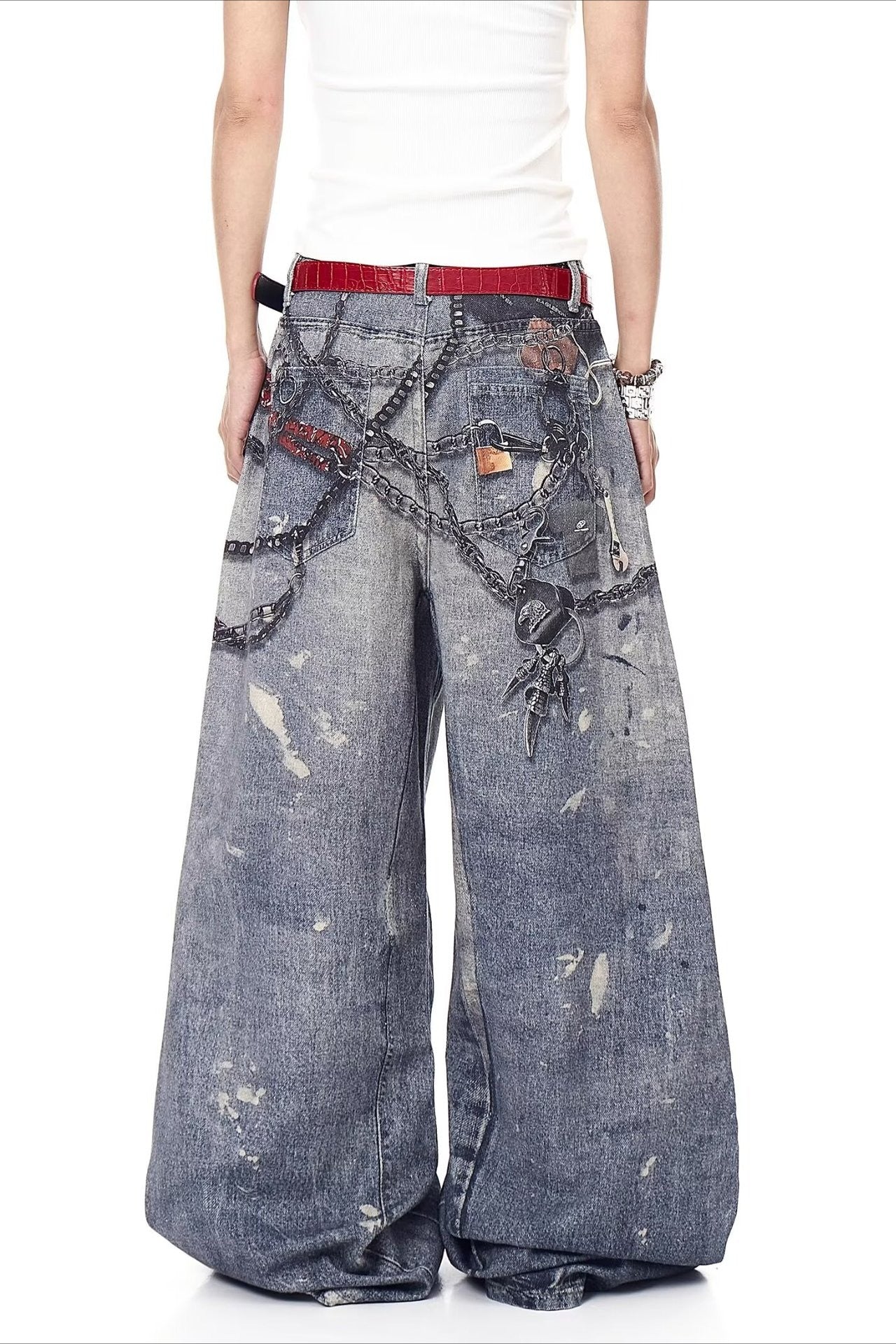 High Street 3D Chain Print Loose Wide Leg Jeans - Image 4