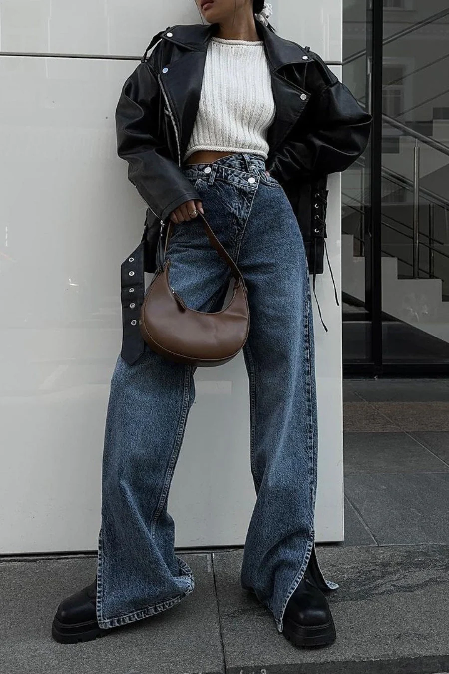 High Waist Asymmetrical Waist Split Straight Jeans - Image 2