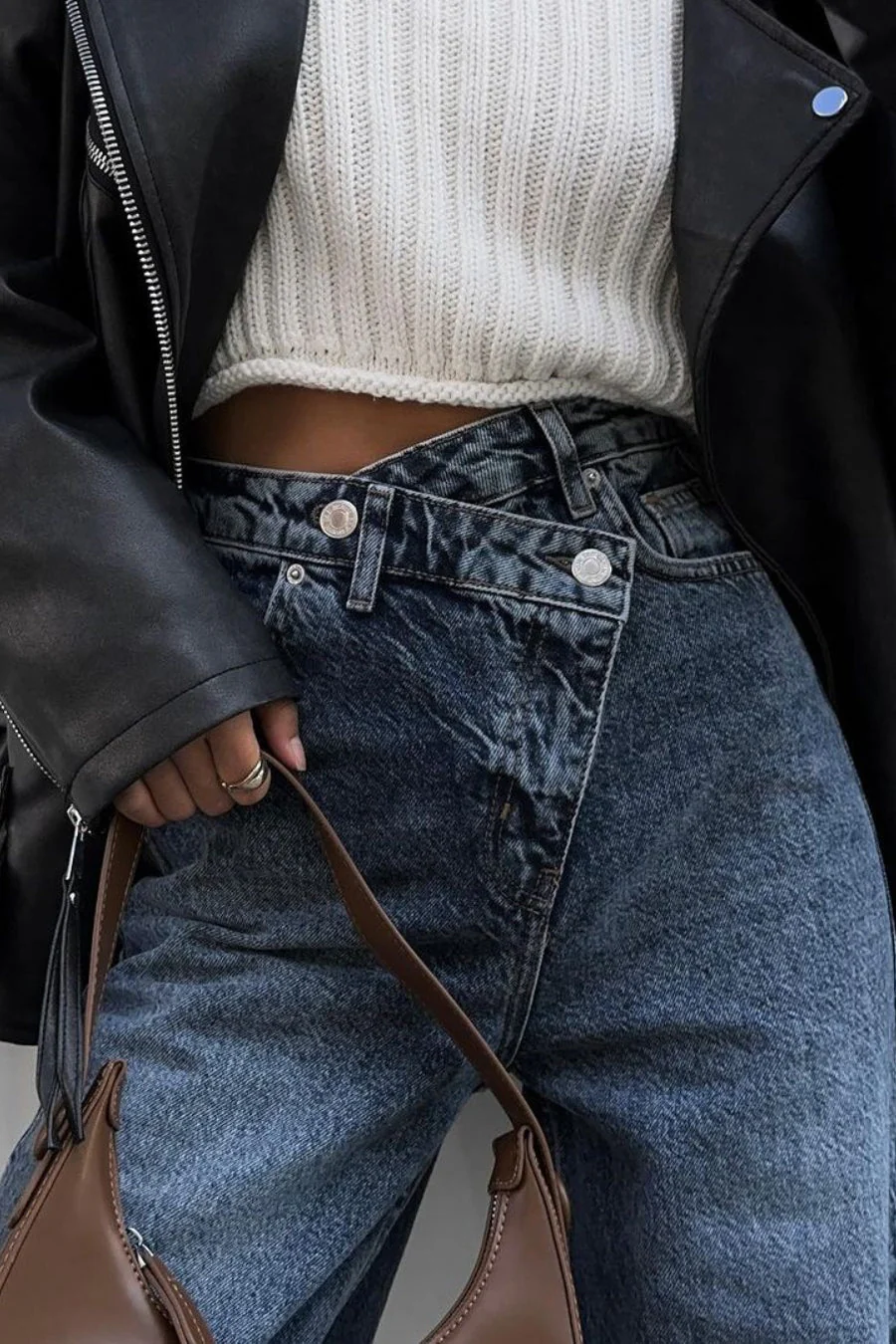 High Waist Asymmetrical Waist Split Straight Jeans - Image 5