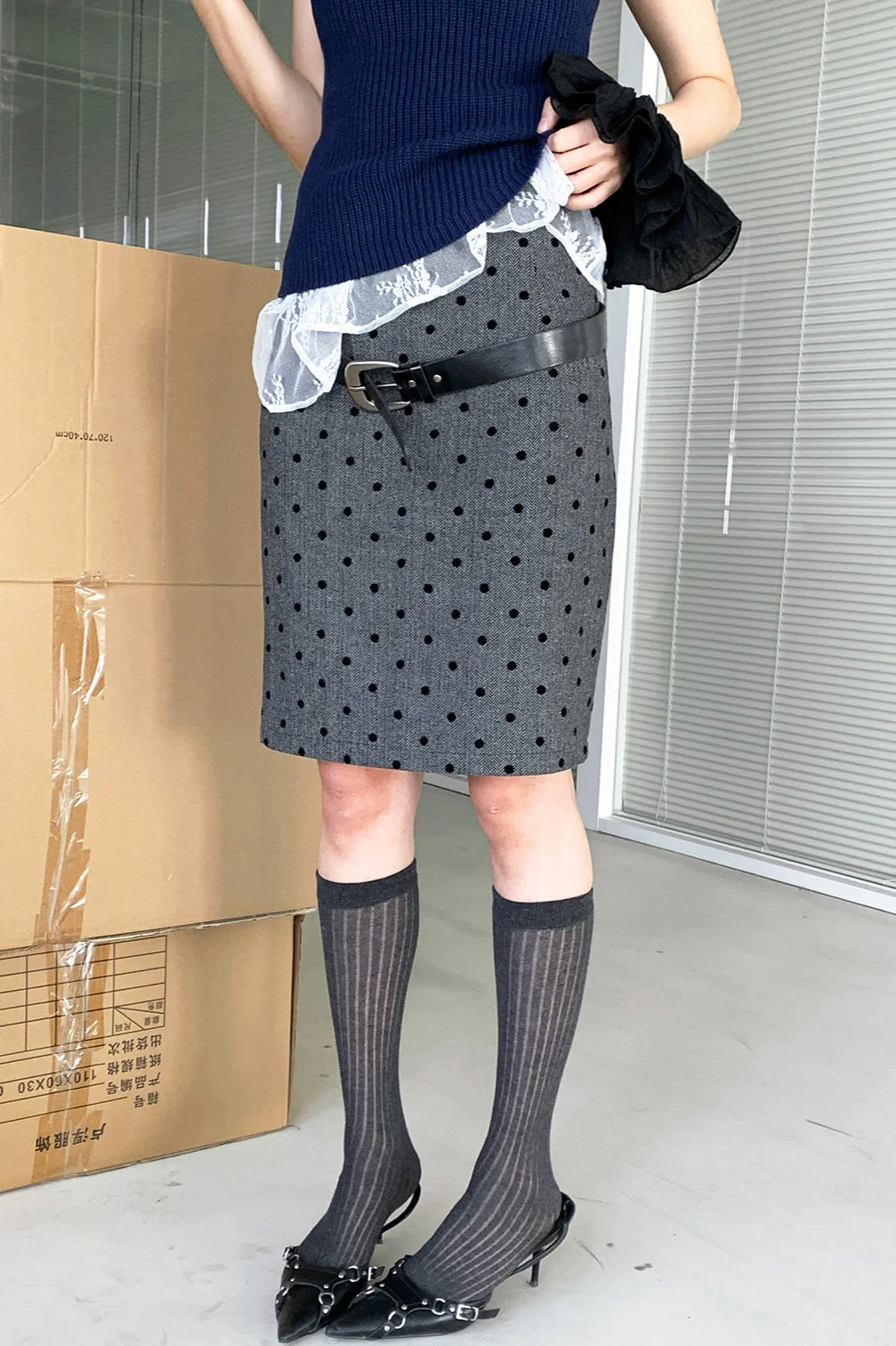 High Waist Flocked Polka Dot Bodycon Midi Skirt - Image 2
