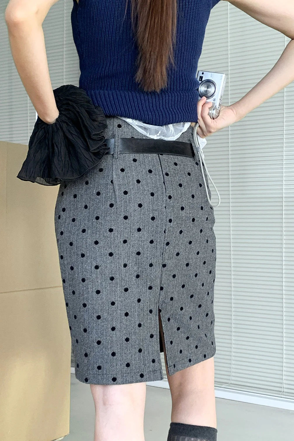 High Waist Flocked Polka Dot Bodycon Midi Skirt - Image 4