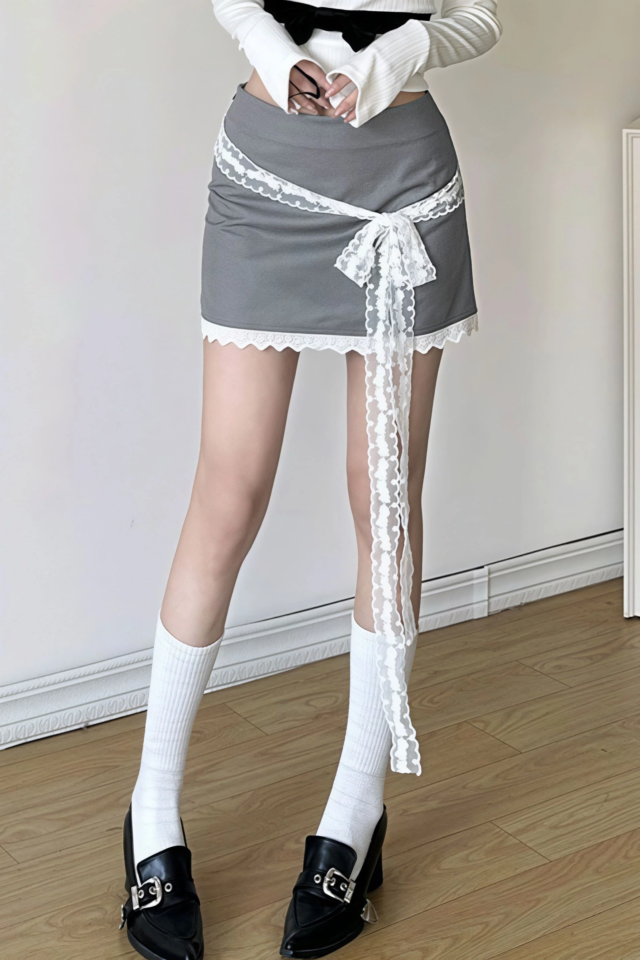 High Waist Lace Trim Street Style Skirt - Image 3