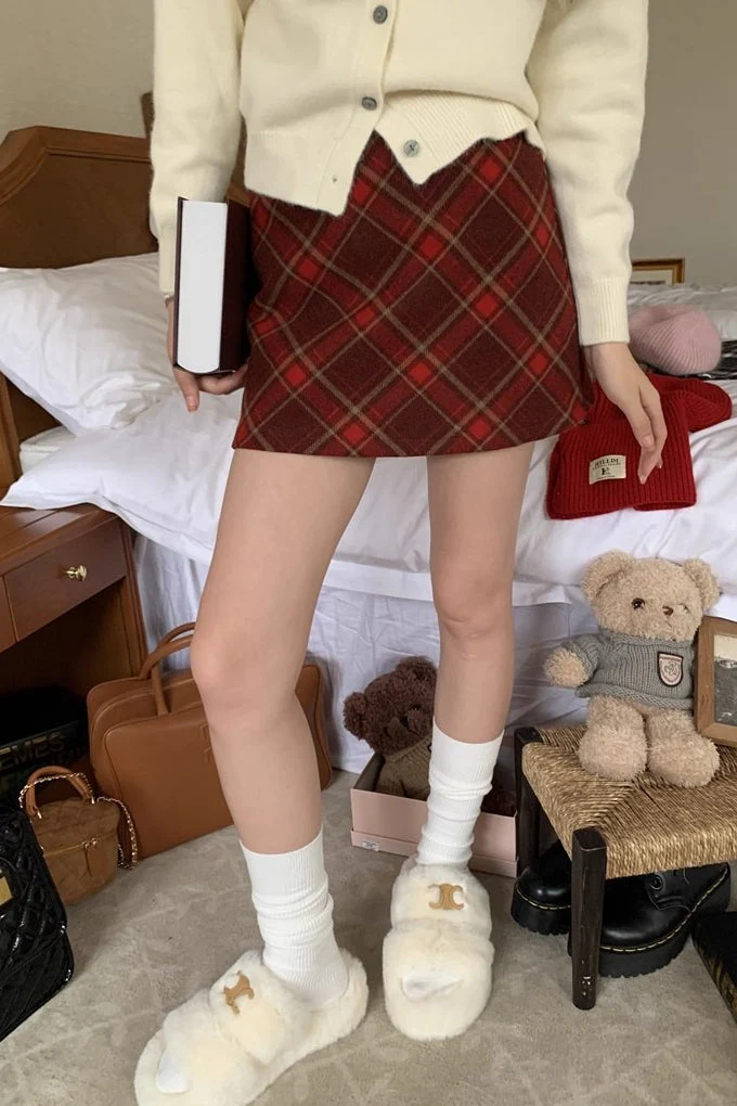 High Waist Plaid A-Line Skirt - Image 6