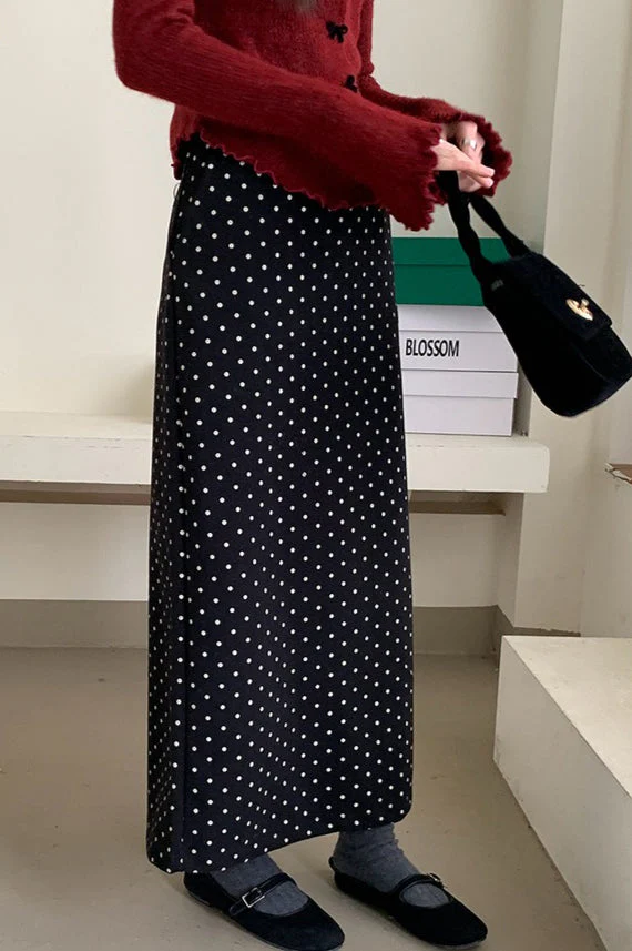 High Waist Polka Dot Back Slit Skirt - Image 3